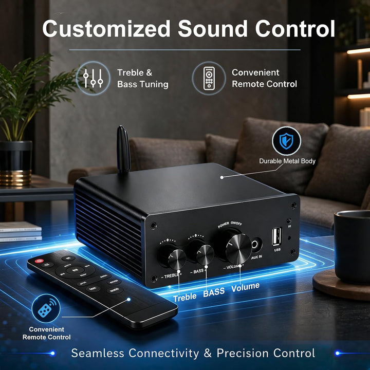 LONPOO Mini Bluetooth Hifi-Verstärker 200W mit Fernbedienung, Optical, COAX, USB, AUX-Eingang, 2 Kan