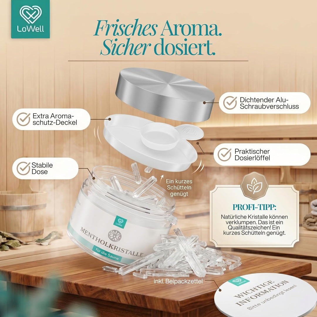LoWell® 200g Mentholkristalle aus 100% reiner Minze - Ideal als Sauna Aufgussmittel für die Sauna in