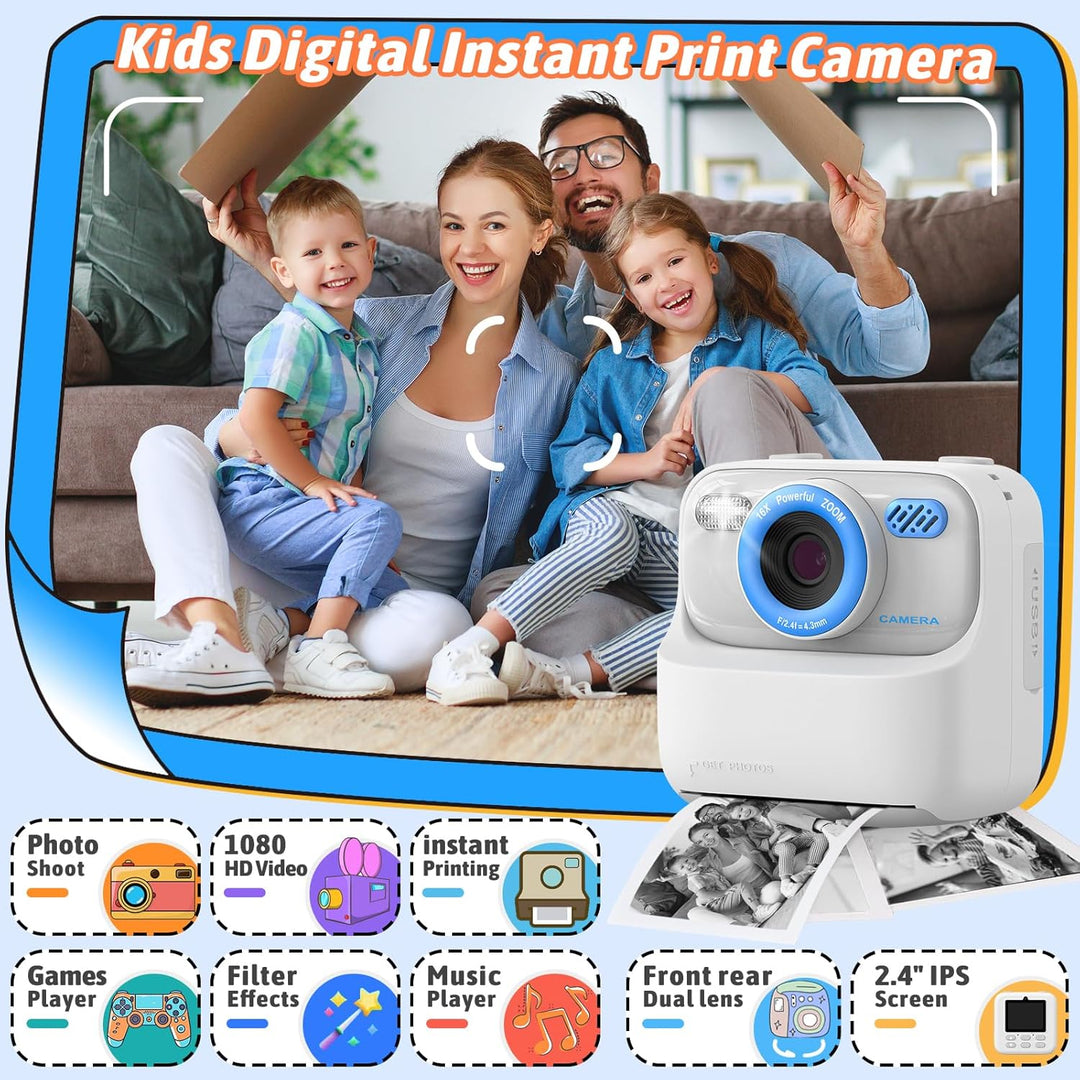 Upgrade Kinderkamera Sofortdruck für Jungen und Mädchen, 1080P HD Dual-Linse Selfie Digitalkamera mi
