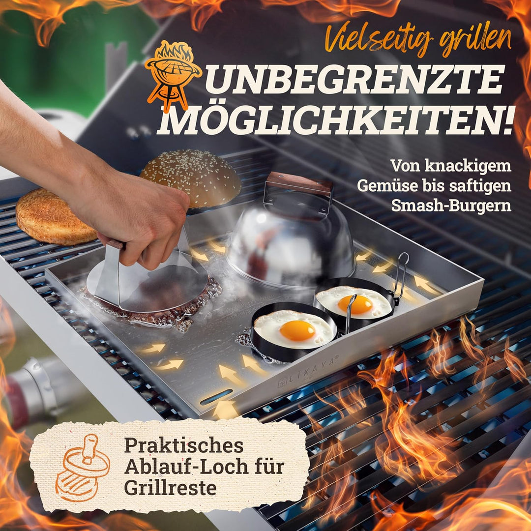 LIKAYA Plancha Edelstahl Grillplatte [20x40cm] – Verzugsfreier 4mm Edelstahl inkl 2x Grillspachtel m