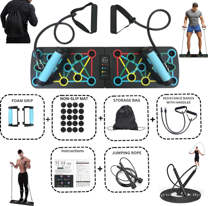 XUZA Push Up Board mit Springseil & Widerstandsband mit Griffen - Ultimatives Heim-Fitness-Set - Lie