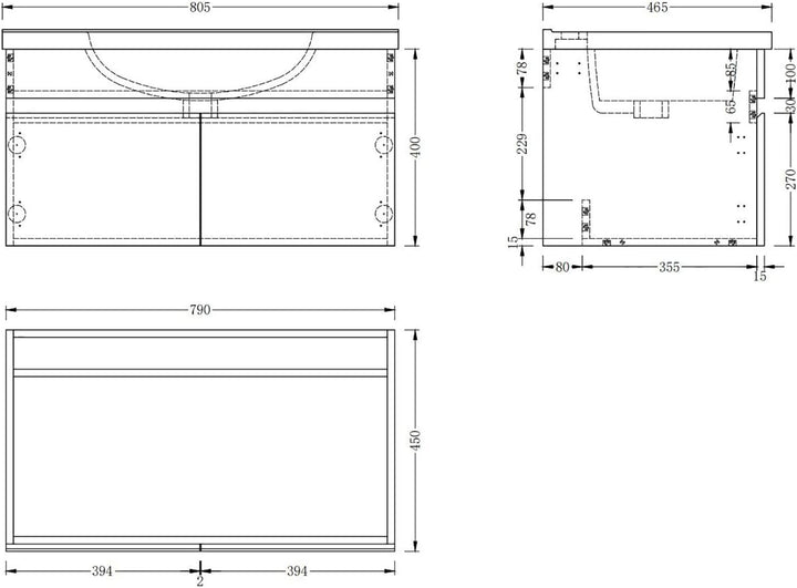 Aica Sanitär Waschbeckenunterschrank 80 cm Unterschrank Waschtischunterschrank Weiss 80cm-Typ B Weis