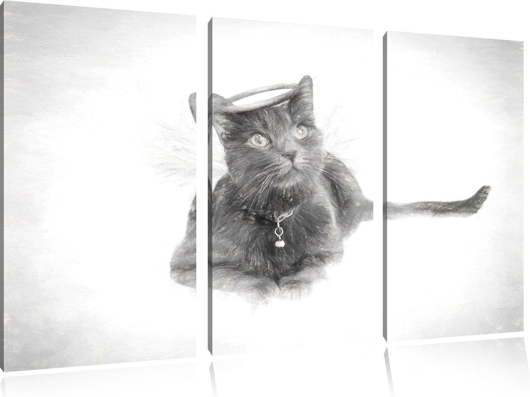 Pixxprint Katzen-Engel im Himmel/Format: 3-Teiler (120x80cm) cm/Leinwandbild fertig bespannt Wandbil