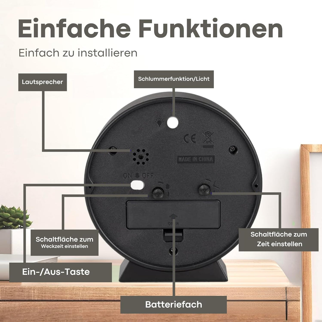 Tyme Wecker Analog, Ohne Ticken, Analog Tischuhr Nachttischuhr Alarmwecker, Modischer Runder Metall