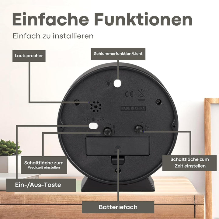 Tyme Wecker Analog, Ohne Ticken, Analog Tischuhr Nachttischuhr Alarmwecker, Modischer Runder Metall