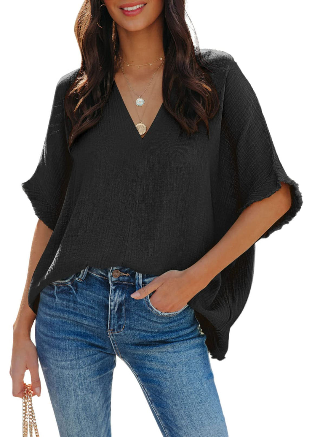 Dokotoo Damen Bluse V-Ausschnitt Musselin Tunika Shirt Oberteil Sommer Kurzarm Locker Longshirt Tops