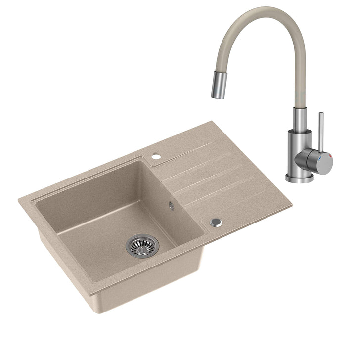 VBChome Spüle mit Armatur 78 x 50 cm Tiefes Becken 20cm Beige Küche Grosse Abtropfflache Einbauspüle