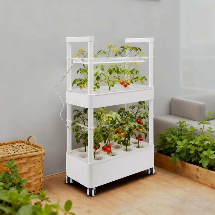 Hydroponisches Anbausystem mit LED-Beleuchtung, 2 Ebenen, 28 Pflanzlöcher, Indoor-Garten-Kit mit Rol