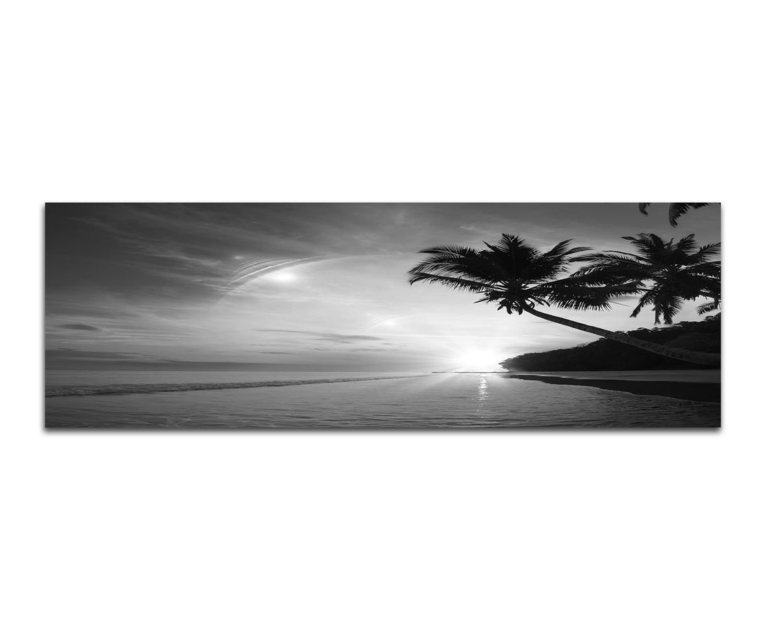 Leinwandfoto als Panorama SCHWARZ/Weiss 150x50cm Strand Meer Palmen Sonnenuntergang
