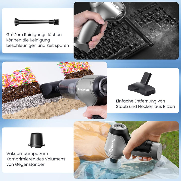 Saker Handstaubsauger Auto Handheld Kabelloser, 3 in 1 Druckluft Multifunktionale Brushless Motor 12