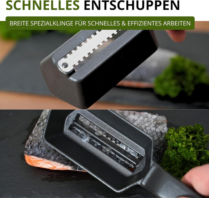 Westmark 65007760 Fischentschupper mit Schuppenauffangschale Black Edition – Aluminium, lebensmittel