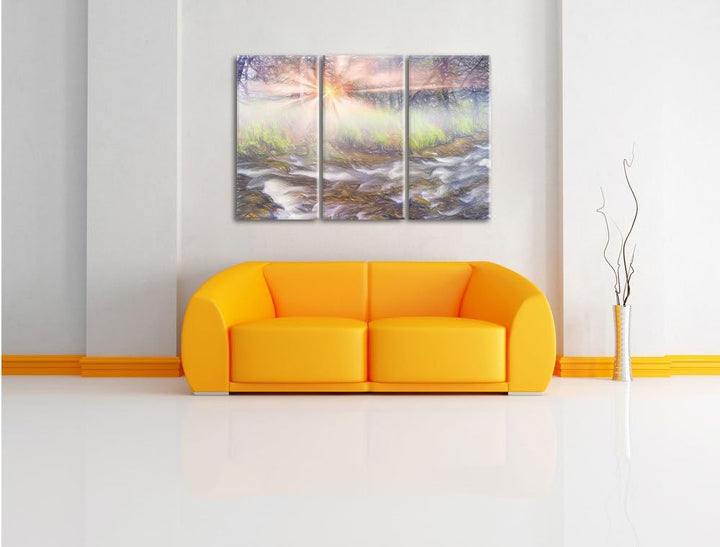 Pixxprint Nebeldickicht im Wald / 3-Teilig/Gesamtmass 120cm Leinwandbild bespannt auf Holzrahmen/Wan