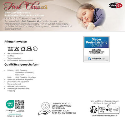 CelinaTex First Class Kinder Bettdecke 100 x 135 cm 4 Jahreszeiten Decke Set mit Kopfkissen 40 x 60