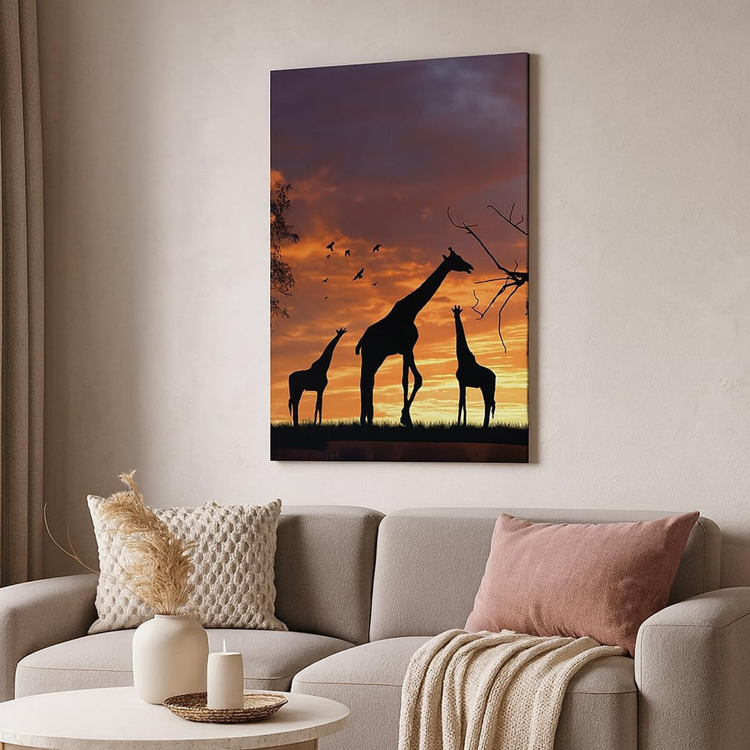 Bilder auf Leinwand 55x100cm Leinwandbild mit Rahmen Giraffe Afrika Sonne Safari Gross Wanddeko Bild