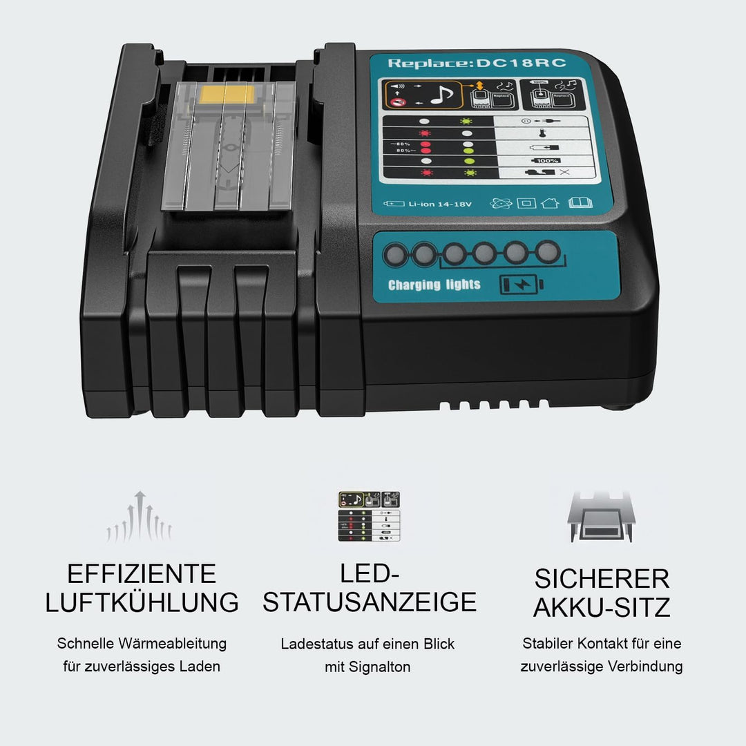 Waitley Schnellladegerät DC18RC kompatibel mit Makita 14,4 Volt und 18 Volt Akku