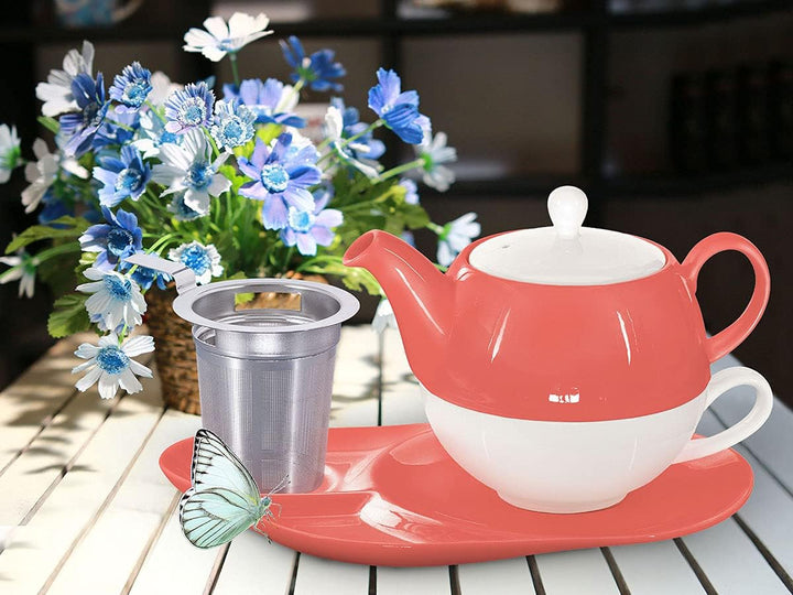 Buchensee Tea for One mit Sieb Lena 500ml aus Crystal Bone China Porzellan in coralrot. Teekanne + T