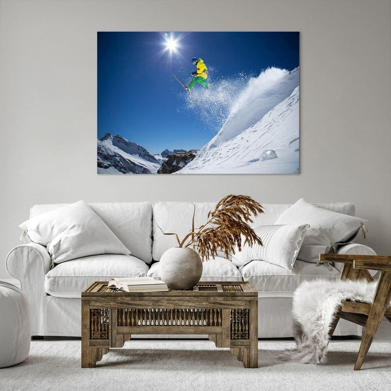 ARTTOR Bilder auf Leinwand 100x70cm Leinwandbild Ski Winter Schnee Berg Gross Wanddeko Bild Schlafzi