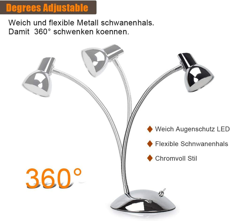 PADMA Schreibtischlampe Kinder Chrom 5W Tischlampe Led Wohnzimmer Silber 400LM Leselampe Warmweiss S