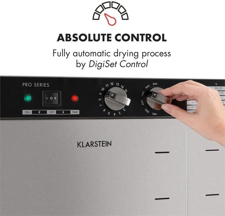Klarstein Master Jerky - Dörrautomat, Dehydrator stufenlos regelbare Temperatur von 40-90 °C, 15h-Ti