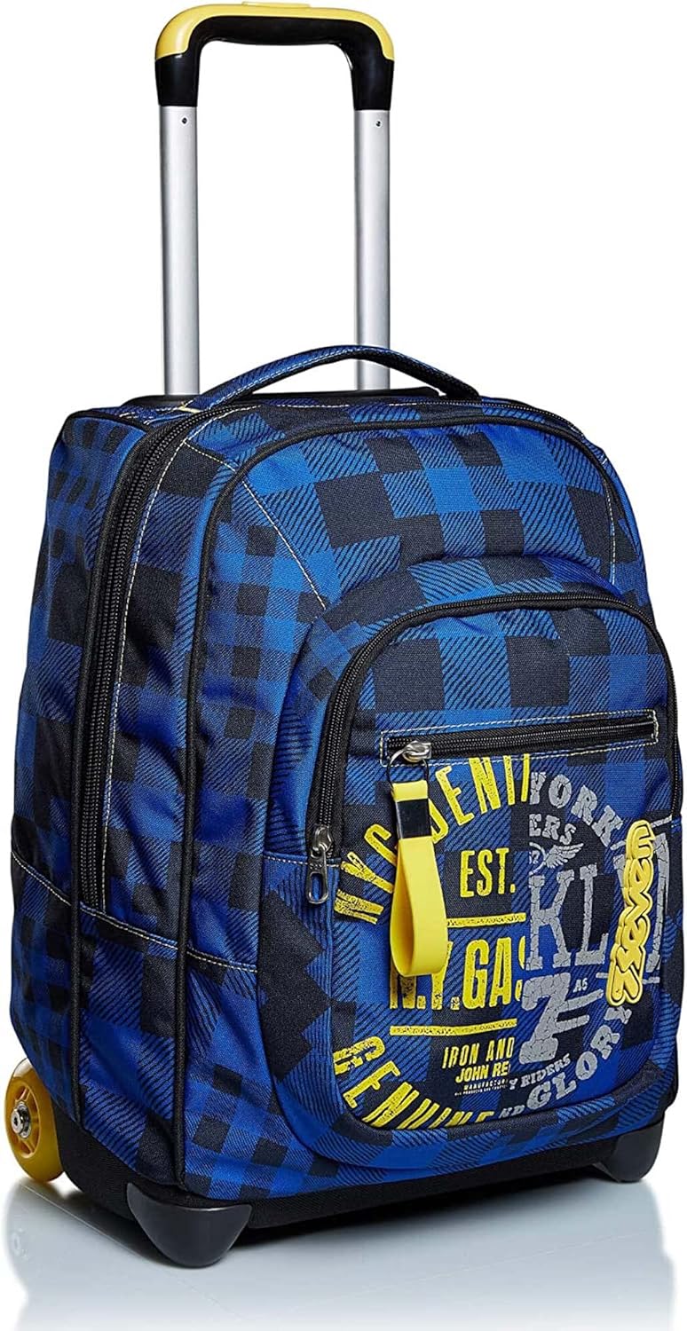 SEVEN TROLLEY Check, blau, einziehbare Schultergurte, 2-in-1-Rucksack mit Crossover-System, Schule &