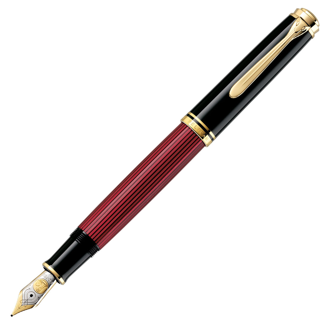 Pelikan Füllhalter Souverän 800, Schwarz-Rot, Feder B (breit), hochwertiger Kolbenfüller im Geschenk