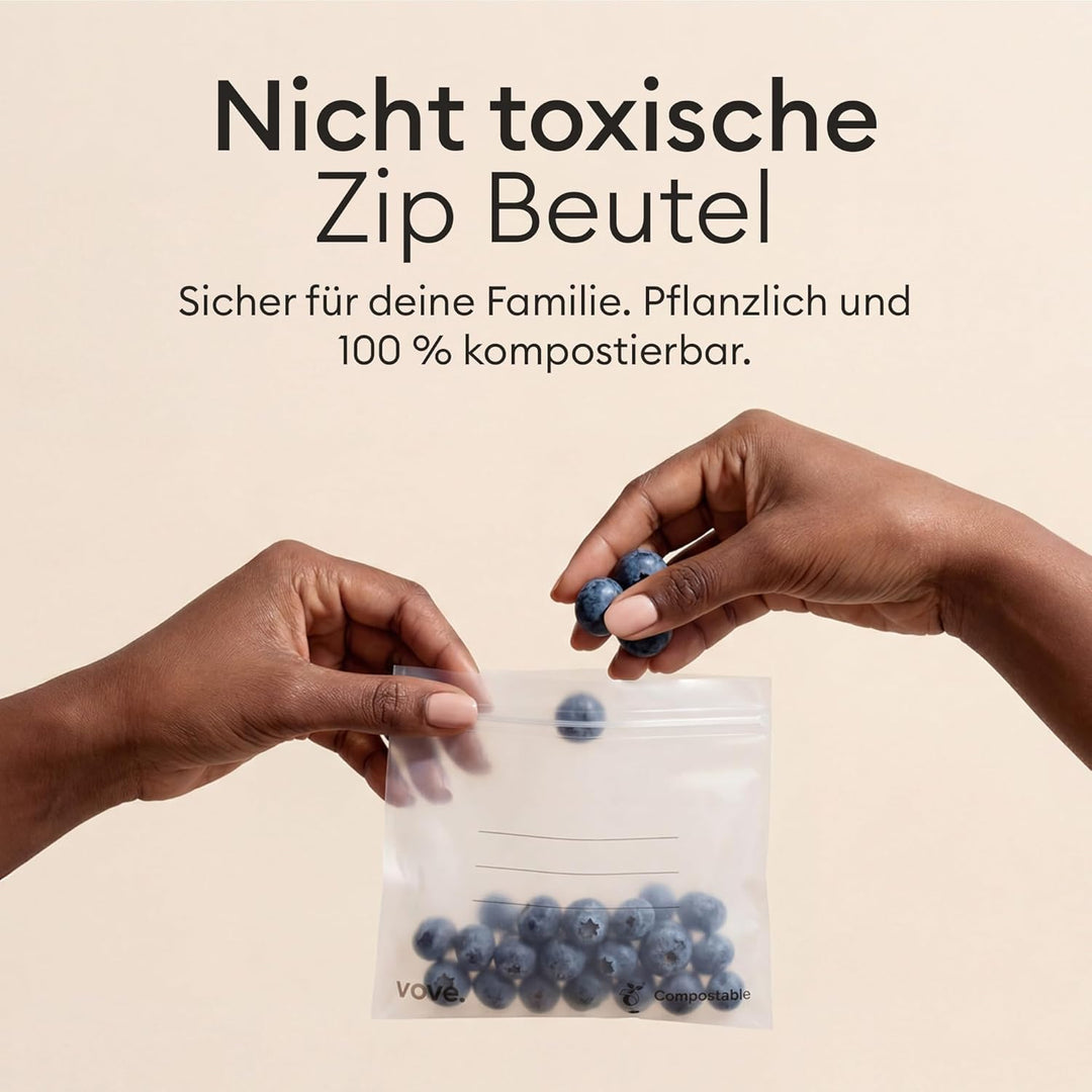 Vove kompostierbare Gefrierbeutel mit luftdichtem Zip-Verschluss, 1 L, 30 Stück - PFAS-frei, BPI-zer