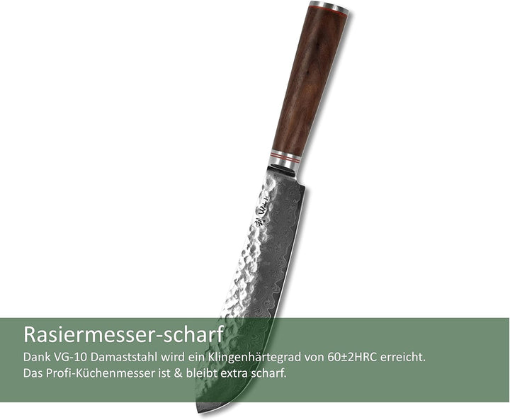 Wakoli Nussbaum Damastmesser Blockmesser mittel extrem scharfe 25 cm Klinge aus 67 Lagen I Damast Kü