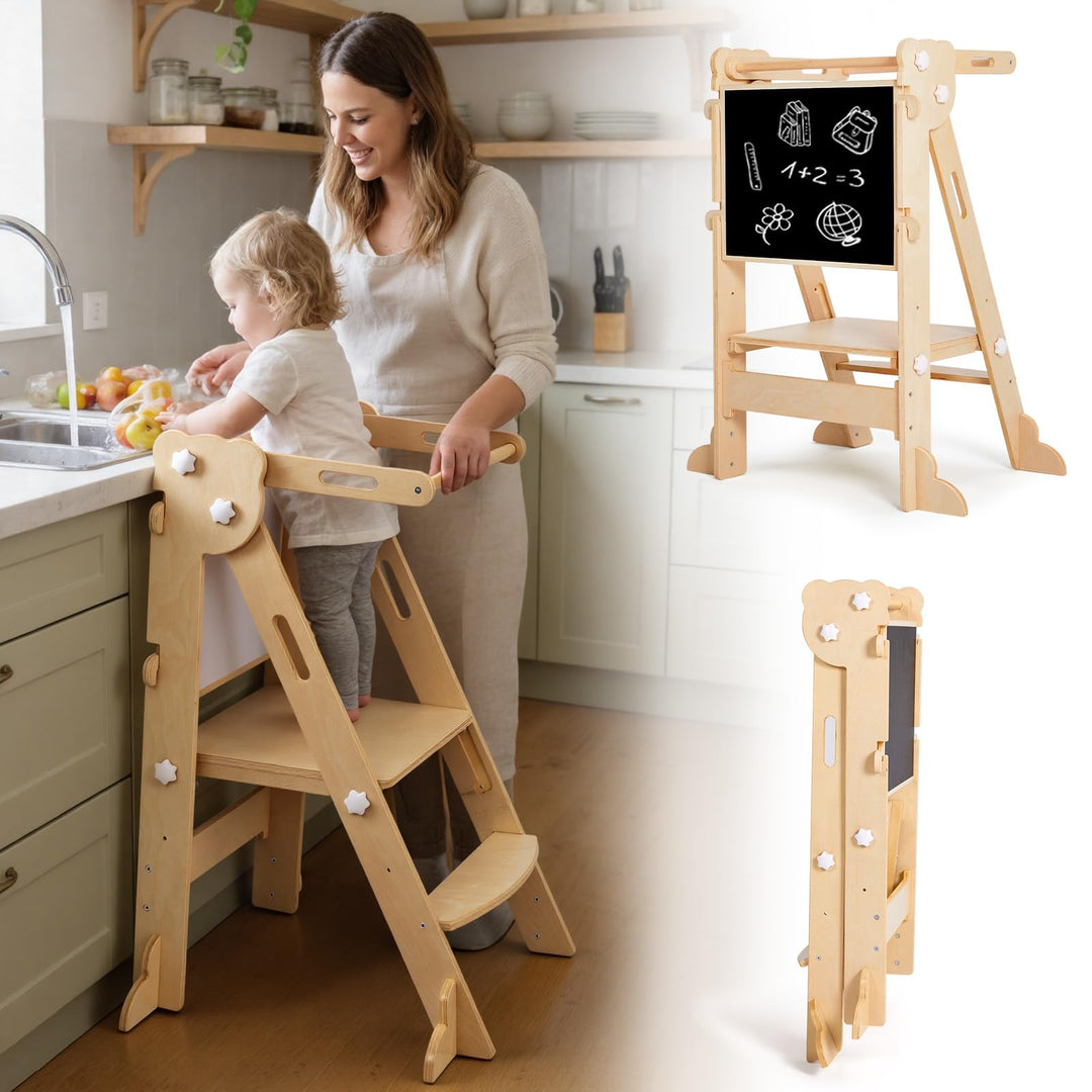 labebe Klappbar Lernturm für Kinder, Montessori Learning Tower mit Zweiseitige Tafel, 3 in 1 Einstel