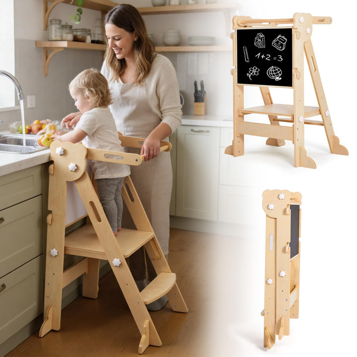 labebe Klappbar Lernturm für Kinder, Montessori Learning Tower mit Zweiseitige Tafel, 3 in 1 Einstel
