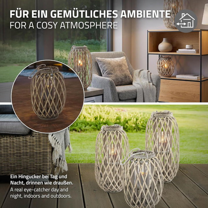ECD Germany Laterne Ried 40xØ26 cm mit Henkel, Natur Grau/Braun, Holz Flechtoptik Rattan Windlicht m