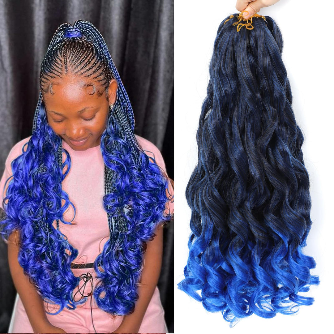 French Curl Braiding Hair 24 Inch 8 Packs Loose Wavy Braiding Hair Pre Stretched 1B/Blue 75g/Pack Cu