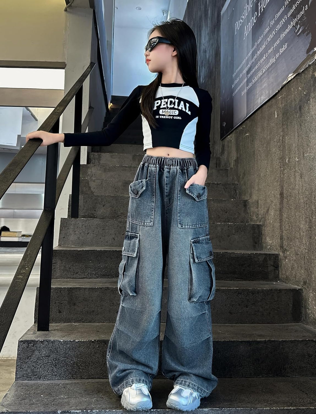 Rolanko Baggy Cargo Jeans für Mädchen, Elastische Hose mit Hoher Taille und Weitem Bein Y2K Jeanshos