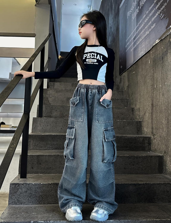 Rolanko Baggy Cargo Jeans für Mädchen, Elastische Hose mit Hoher Taille und Weitem Bein Y2K Jeanshos