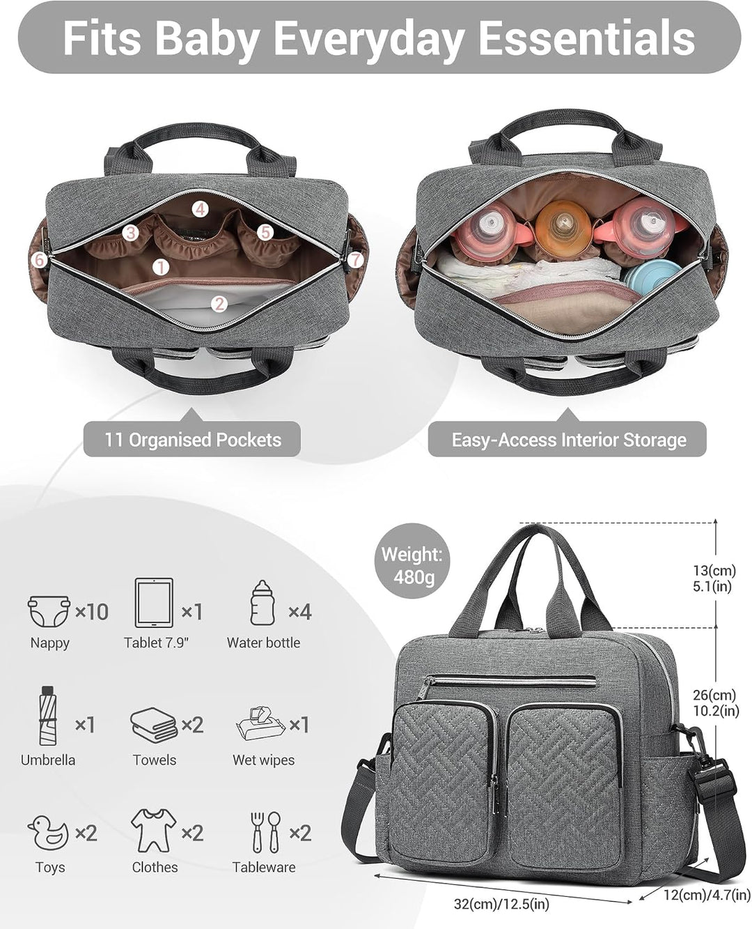 KONO Baby Wickeltasche Windeltasche zum Aufhängen am Kinderwagen, Grosse Reisetasche mit Isolierten