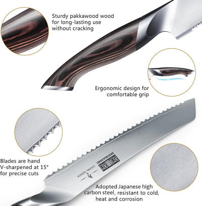 HOSHANHO Brotmesser, 20cm Gestochen Scharf Brotmesser mit Wellenschliff aus Hochgekohltem Edelstahl,