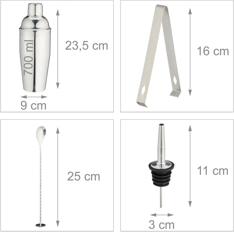 Relaxdays Cocktail Set, 10-TLG. Barset mit Ständer, Shaker, Barmass, Barlöffel, Zange, Edelstahl & B