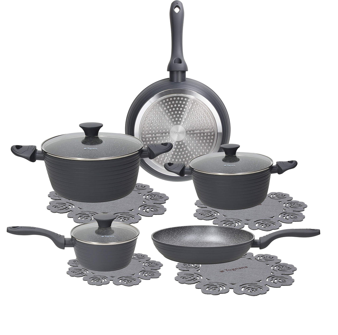 Tognana Cooking Circle Ardesia Antihaft-Töpfe und Pfannen mit Topfschutz, Set mit 2 Pfannen, 3 Töpfe