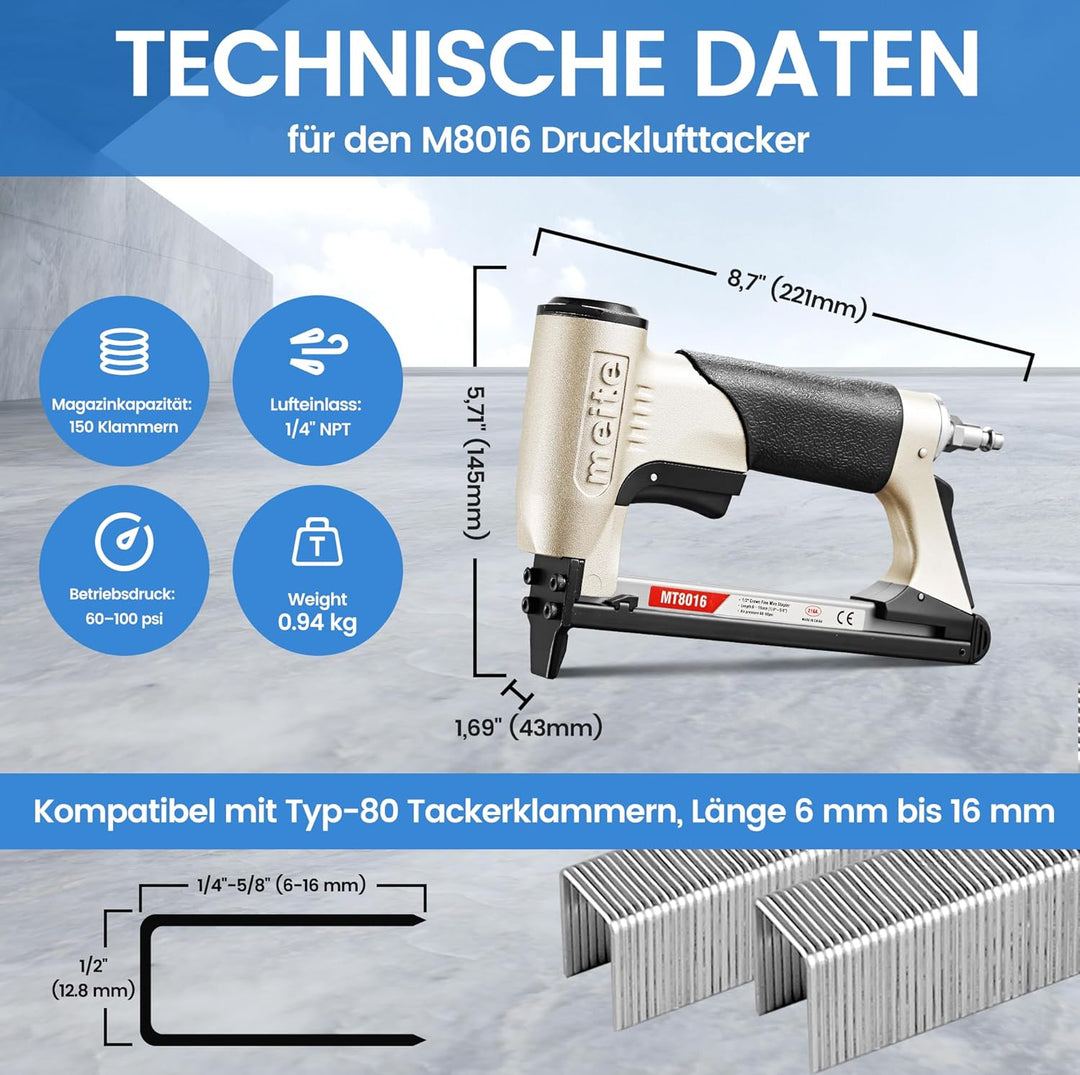meite MT8016 Pneumatic Upholstery Stapler 21 Gauge 1/2" Crown 1/4" to 5/8" Length Industrial Fine Wi