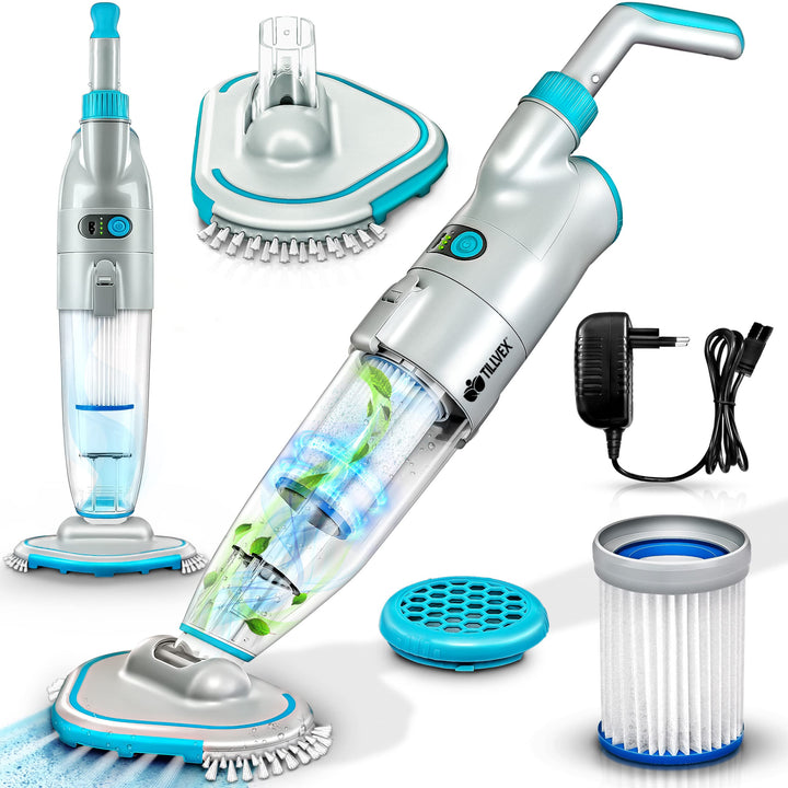 tillvex Poolsauger mit Akku | Pool Bodensauger Teleskopstange elektrisch | Poolreiniger mit Filter &
