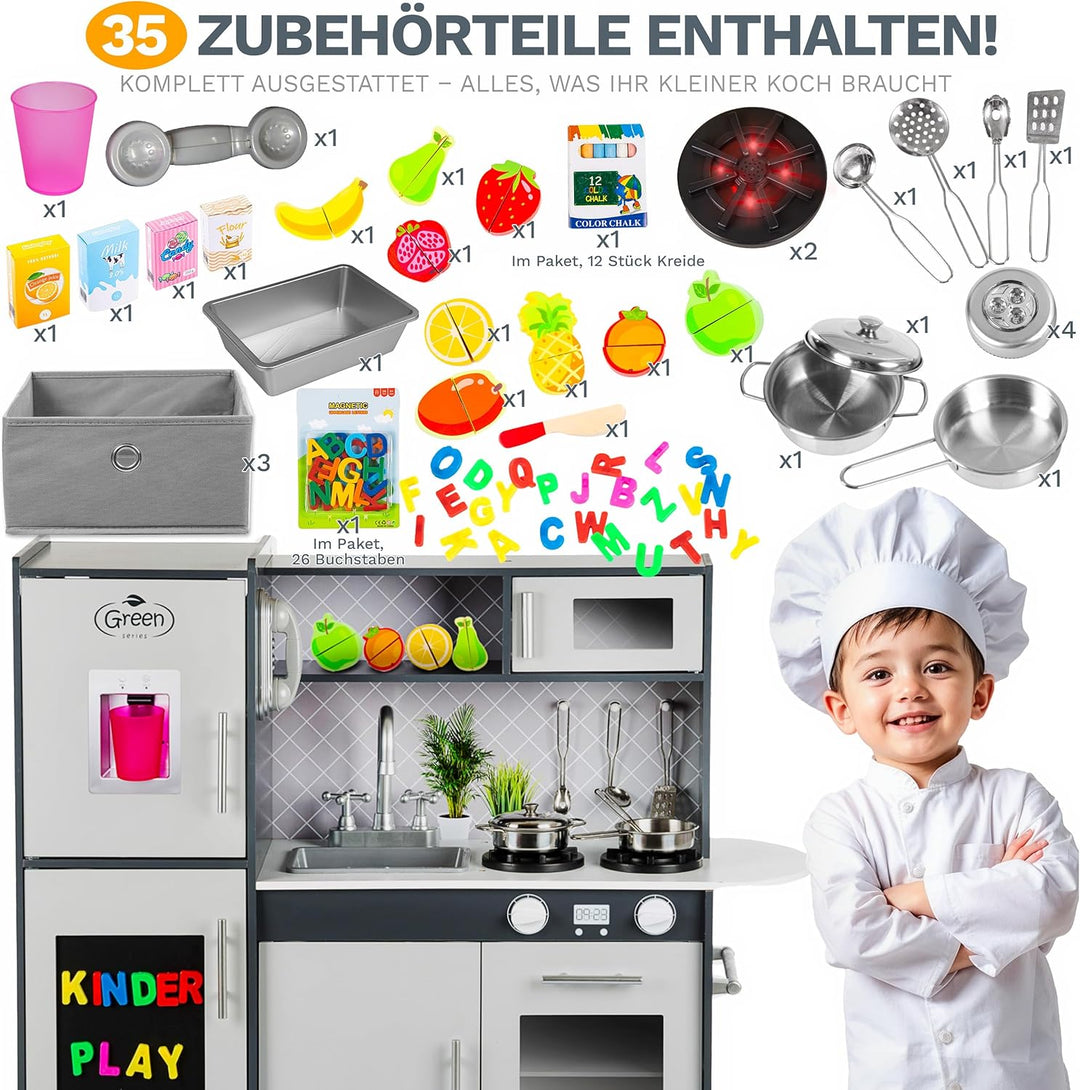Green series Grosse Spielküche Holz - Graue Kinderküche Holz, Kinder küche mit Licht und Sound, Spie