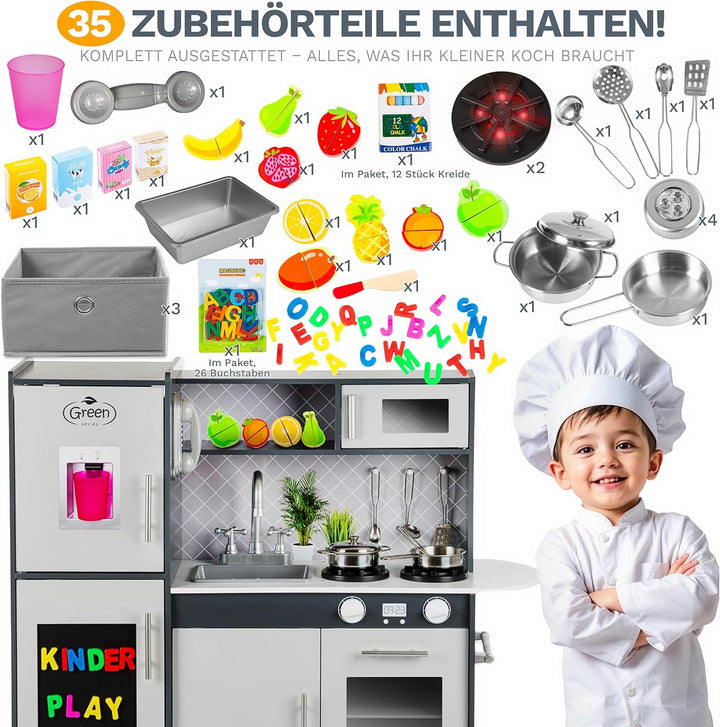 Green series Grosse Spielküche Holz - Graue Kinderküche Holz, Kinder küche mit Licht und Sound, Spie