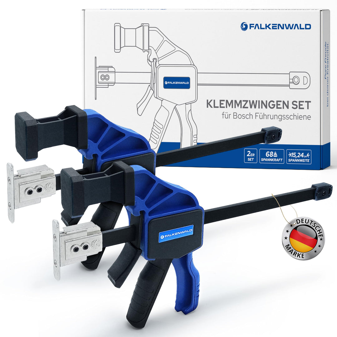 Falkenwald® Einhandzwinge Set 2 Stück für Bosch Führungsschiene - Zum Spannen, Dehnen, Fixieren mit
