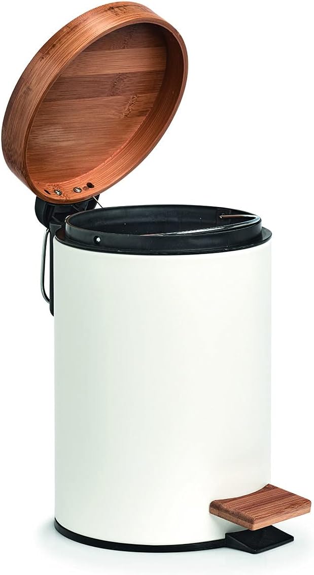 Zeller 18908 Kosmetikeimer, 3 ltr., Metall/Bambus, weiss, Soft-Close, ca. Ø 16,8 x 24 cm, Treteimer,