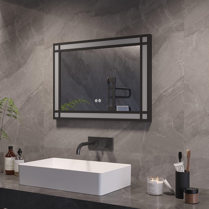 AQUABATOS Badspiegel mit Beleuchtung Schwarzer Rahmen Fensteroptik 50x70cm, Badezimmerspiegel Beleuc