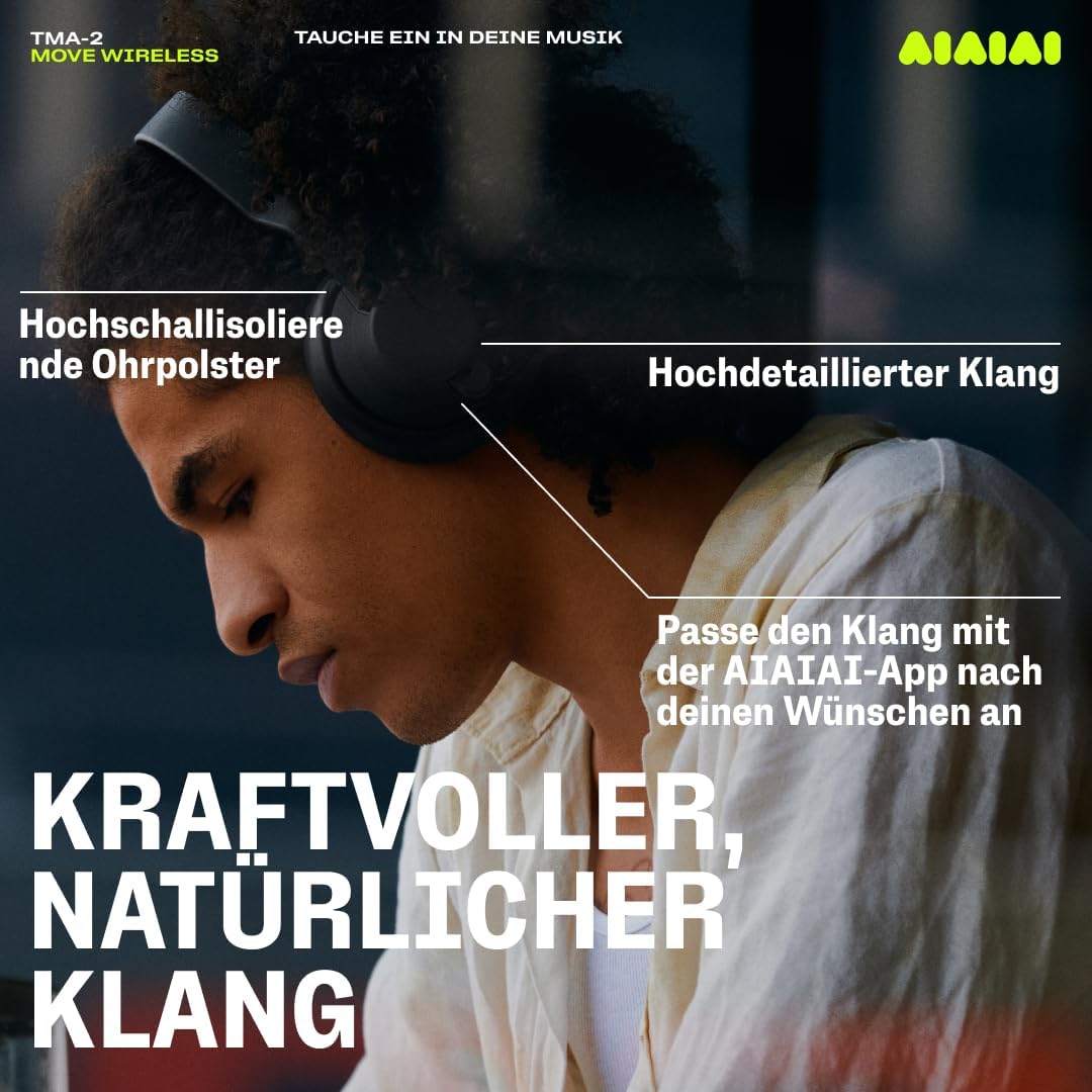 AIAIAI TMA-2 Move Wireless Kopfhörer – Bluetooth 5.3, Bio-Membran-Treiber, 40+ Stunden Akkulaufzeit,