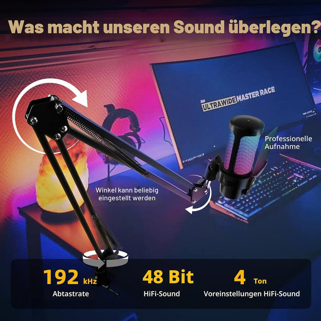 VCOM Gaming Mikrofon mit Arm, USB Microphone Kit mit RGB Modi, Mute, Pop-Filter, PC Mikrofon für Pod