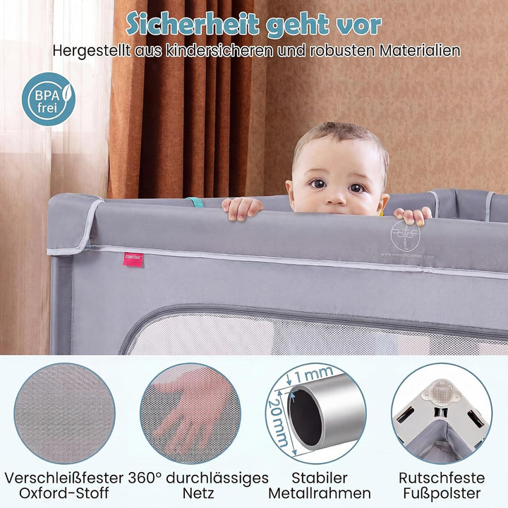 DREAMADE Laufstall Baby Faltbar, 150 x 150 x 76,5 cm Laufgitter mit 50 Ozeanbällen, 4 Haltegriffen &amp;