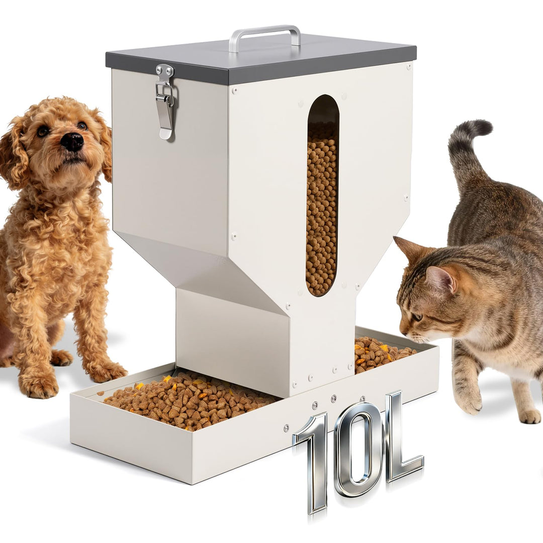 Futterautomat Katze 2 Näpfe, Trockenfutterspender für Katzen, 10l, Metall, Futterspender für Katzen