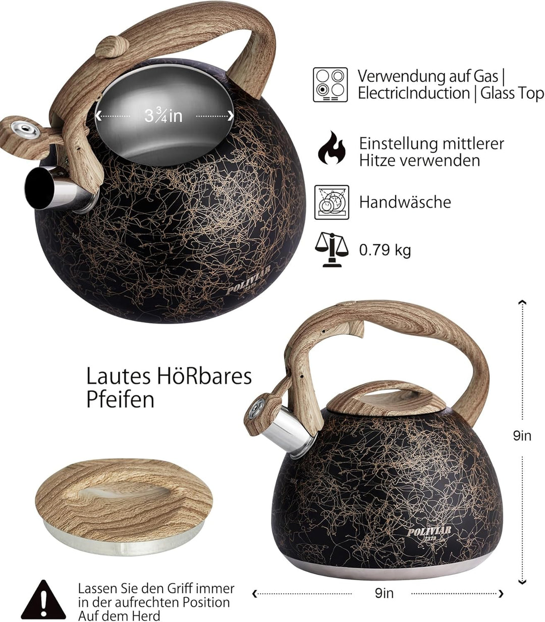Poliviar Moderne Wasserkessel Induktion, Edelstahl Pfeifkessel, Teekessel für alle Kochplatten, Flöt