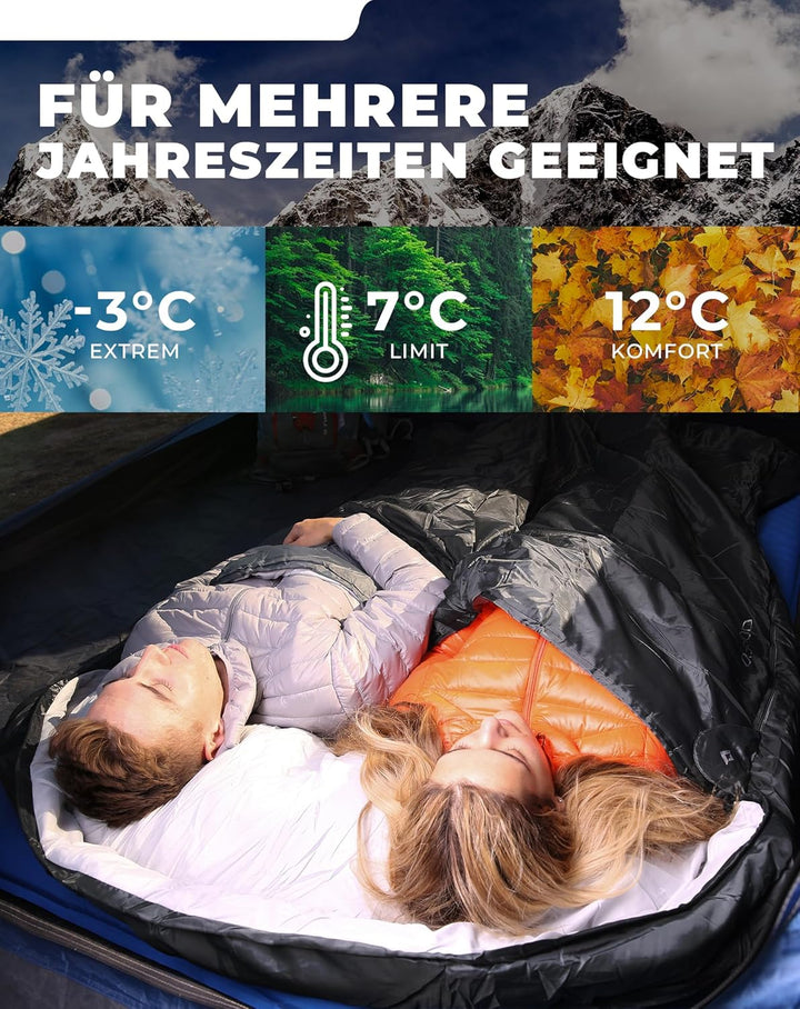 KingCamp Deckenschlafsack,Doppelschlafsack,220x150cm mit 2 Kissen,Schlafsack für 2 Personen,12℃ bis